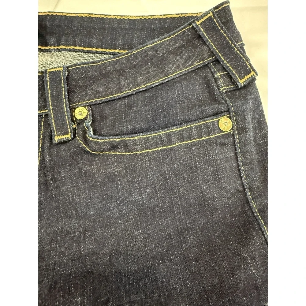 Women's True Religion High-Rise Bootcut Dark Wash Flap Pocket Thick Stitch Sz 32